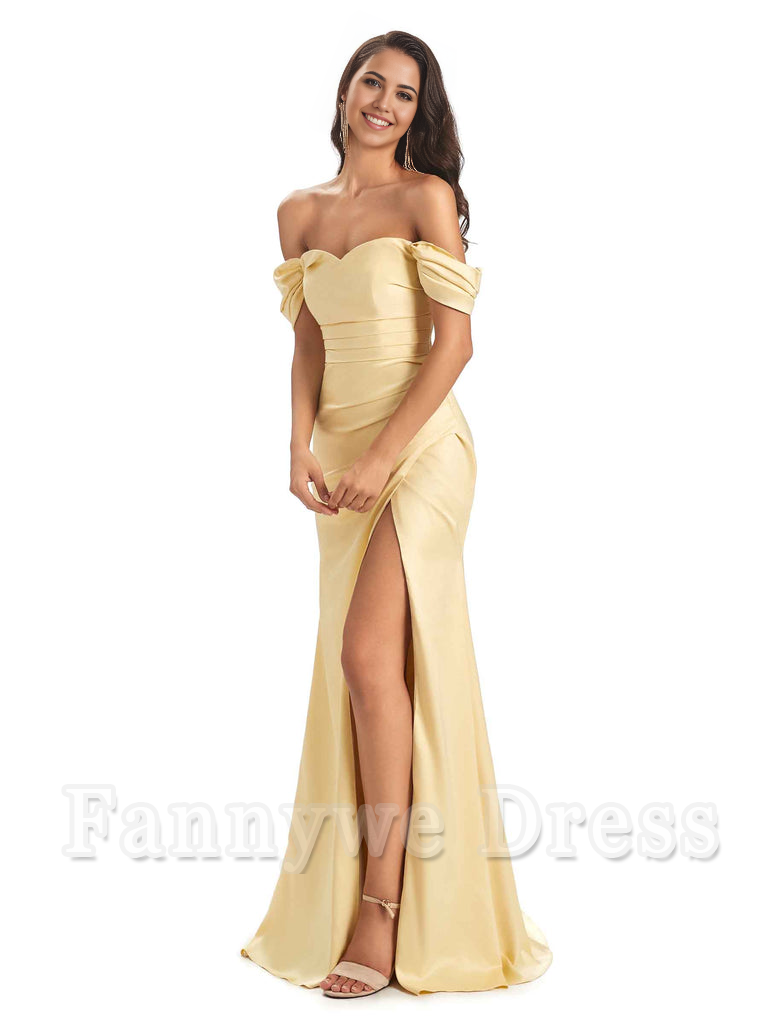 Mermaid Off-Shoulder Sweetheart Satin formal dresses evening gown Bridesmaid Dresses With Side Slit