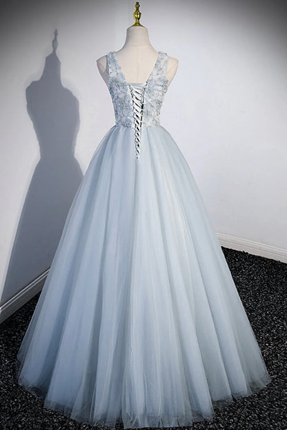 A-line Cute V-Neck Tulle Long Evening Dress Party Dress Prom Dress