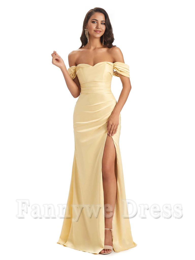 Mermaid Off-Shoulder Sweetheart Satin formal dresses evening gown Bridesmaid Dresses With Side Slit