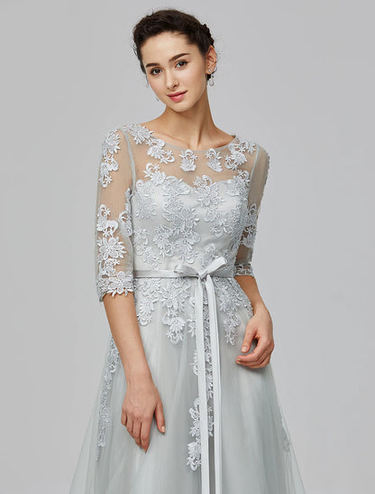 A-Line Empire Dress Wedding Guest Floor Length Half Sleeve Illusion Neck Tulle with Bow(s) Appliques