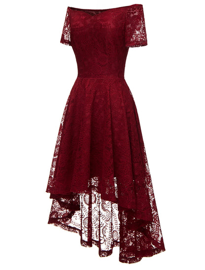 A-Line Cocktail Dresses Vintage Dress Party Wear Knee Length Short Sleeve Off Shoulder Lace with Pleats