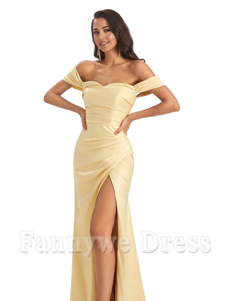 Mermaid Off-Shoulder Sweetheart Satin formal dresses evening gown Bridesmaid Dresses With Side Slit