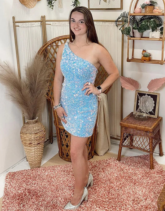 Sheath Blue Short Homecoming Dresses with Appliques