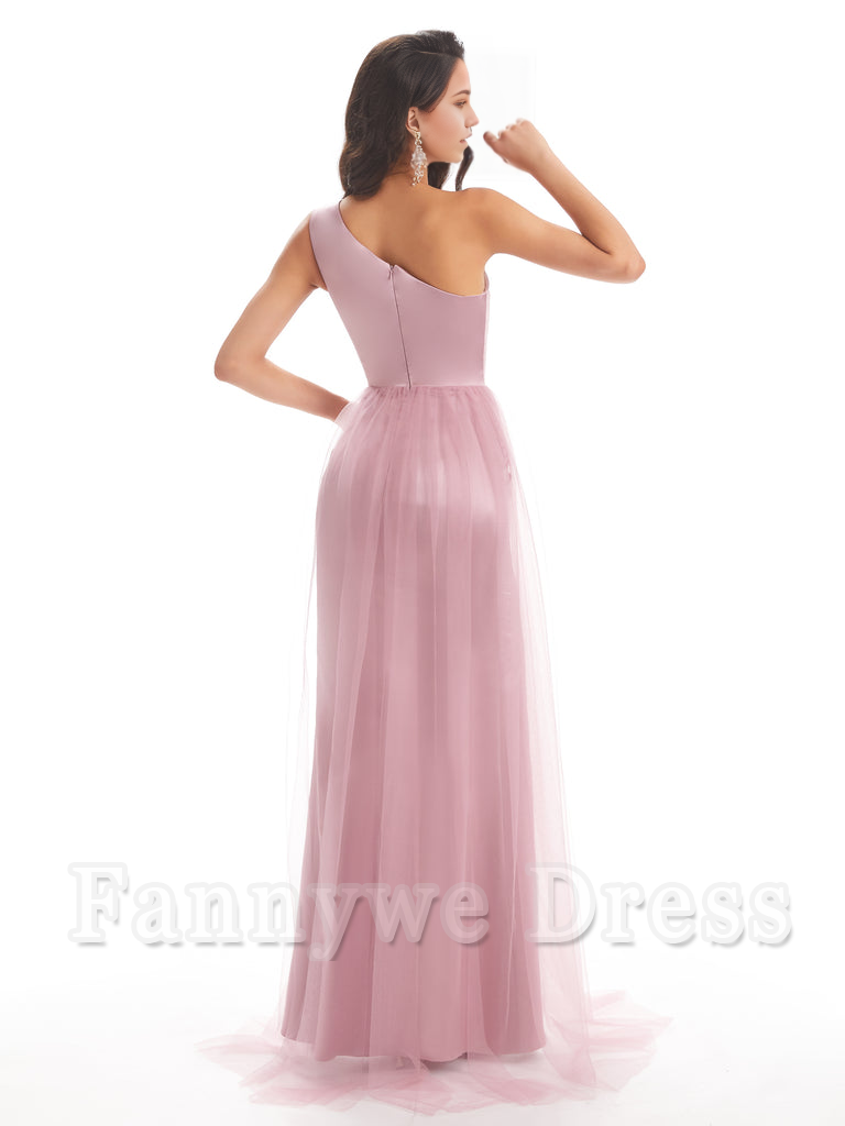 Mermaid One Shoulder Satin Side Slit Tulle formal dresses evening gown Bridesmaid Dresses