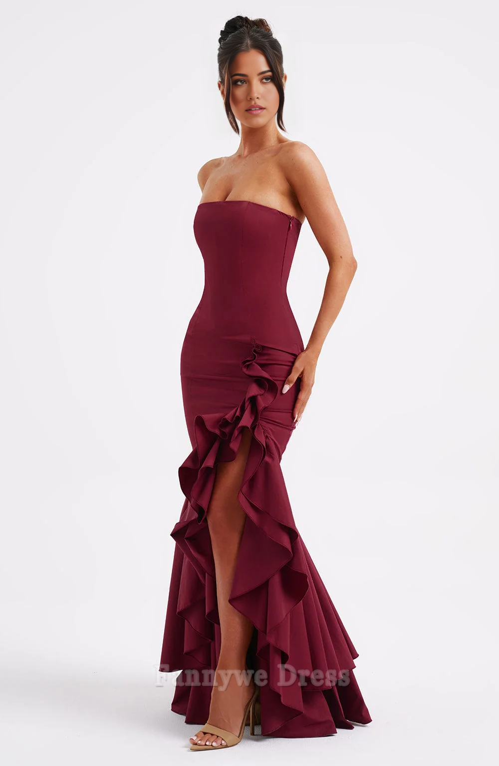 Mermaid Strapless Ruffle Sexy formal dresses Bridesmaid Dresses evening gown Prom Dress With Split