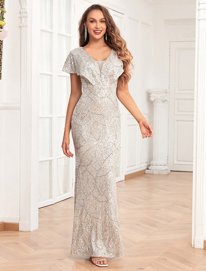 Mermaid / Trumpet Evening Gown Elegant Dress Evening Party Floor Length Short Sleeve V Neck Fall Wedding Reception Sequined V Back with Sequin