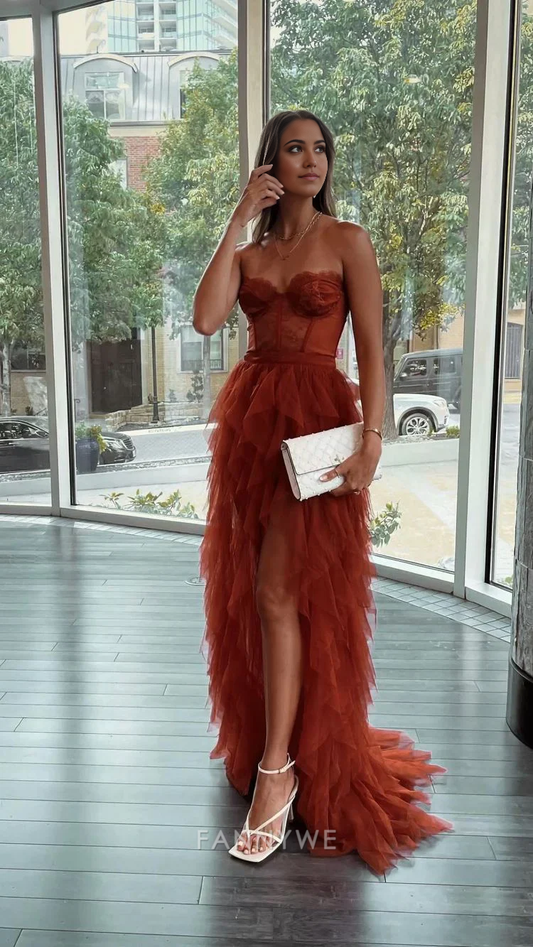 A-line Sweetheart High Low Tiered Rust Red formal dresses Bridesmaid Dresses evening gown Prom Dress