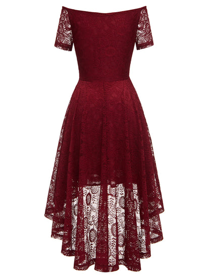 A-Line Cocktail Dresses Vintage Dress Party Wear Knee Length Short Sleeve Off Shoulder Lace with Pleats