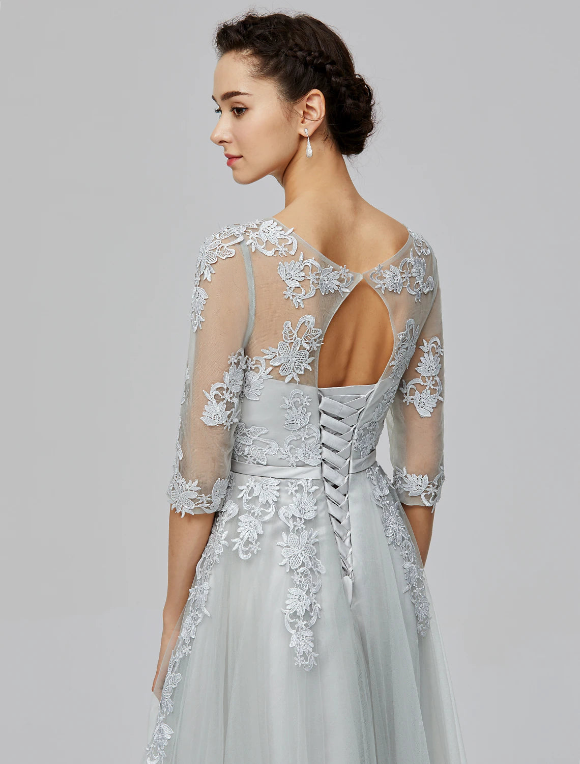 A-Line Empire Dress Wedding Guest Floor Length Half Sleeve Illusion Neck Tulle with Bow(s) Appliques