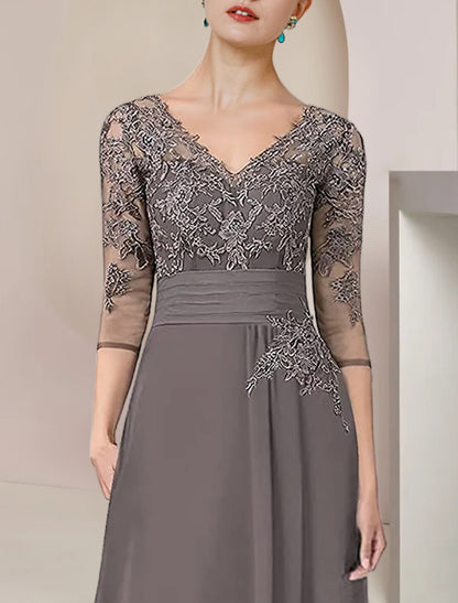 Two Piece A-Line Mother of the Bride Dress Formal Wedding Guest Elegant High Low V Neck Asymmetrical Tea Length Chiffon Lace 3/4 Length Sleeve Wrap Included with Ruched Appliques