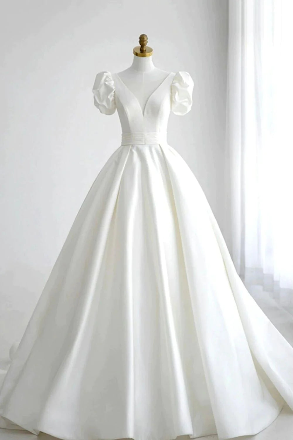 Elegant A Line V Neck White Wedding Dress with Short Sleeves – FannyWe
