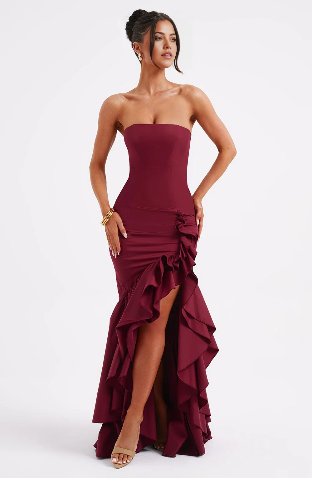 Mermaid Strapless Ruffle Sexy formal dresses Bridesmaid Dresses evening gown Prom Dress With Split