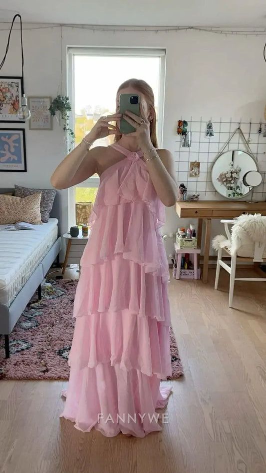 A-line Sweetheart backless long chiffon tiered Pink formal dresses Bridesmaid Dresses evening gown Prom Dress