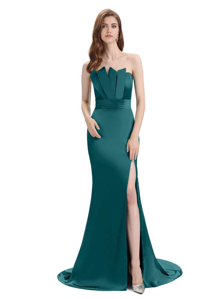 Mermaid Elegant Strapless Split Side Floor-Length Satin formal dresses evening gown Bridesmaid Dresses