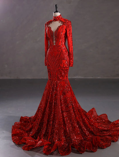 Mermaid / Trumpet Evening Gown Elegant Dress Engagement Court Train Long Sleeve Stand Collar Lace with Sequin