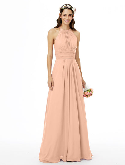 Sheath / Column Bridesmaid Dress Jewel Neck Sleeveless Beautiful Back Floor Length Chiffon with Lace / Sash / Ribbon / Pleats