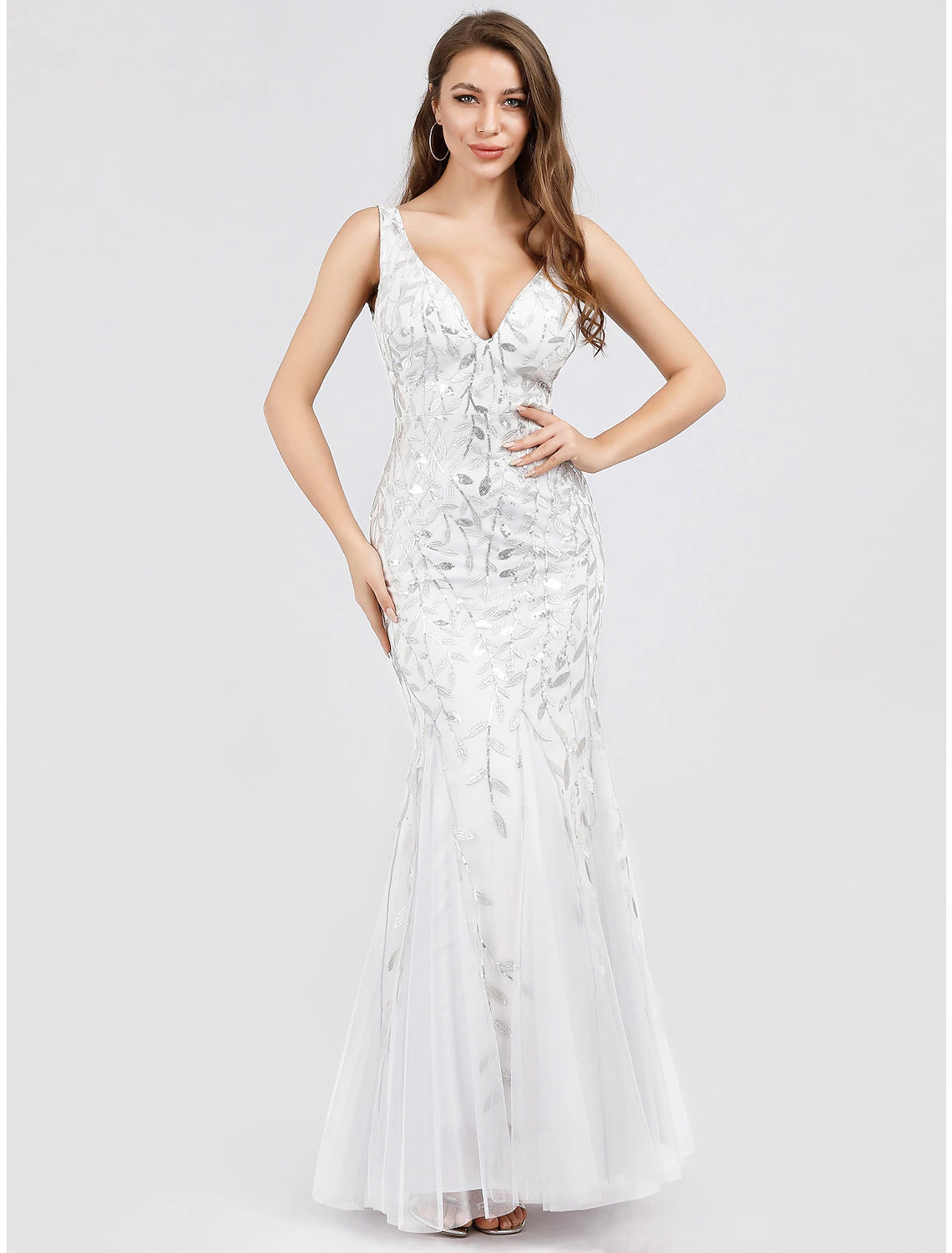 Mermaid / Trumpet Sparkle Sexy Prom Formal Evening Dress V Neck V Back Sleeveless Floor Length Tulle with Sequin Appliques