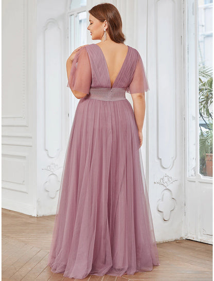 A-Line Bridesmaid Dress V Neck Short Sleeve Plus Size Floor Length Tulle with Ruffles / Draping