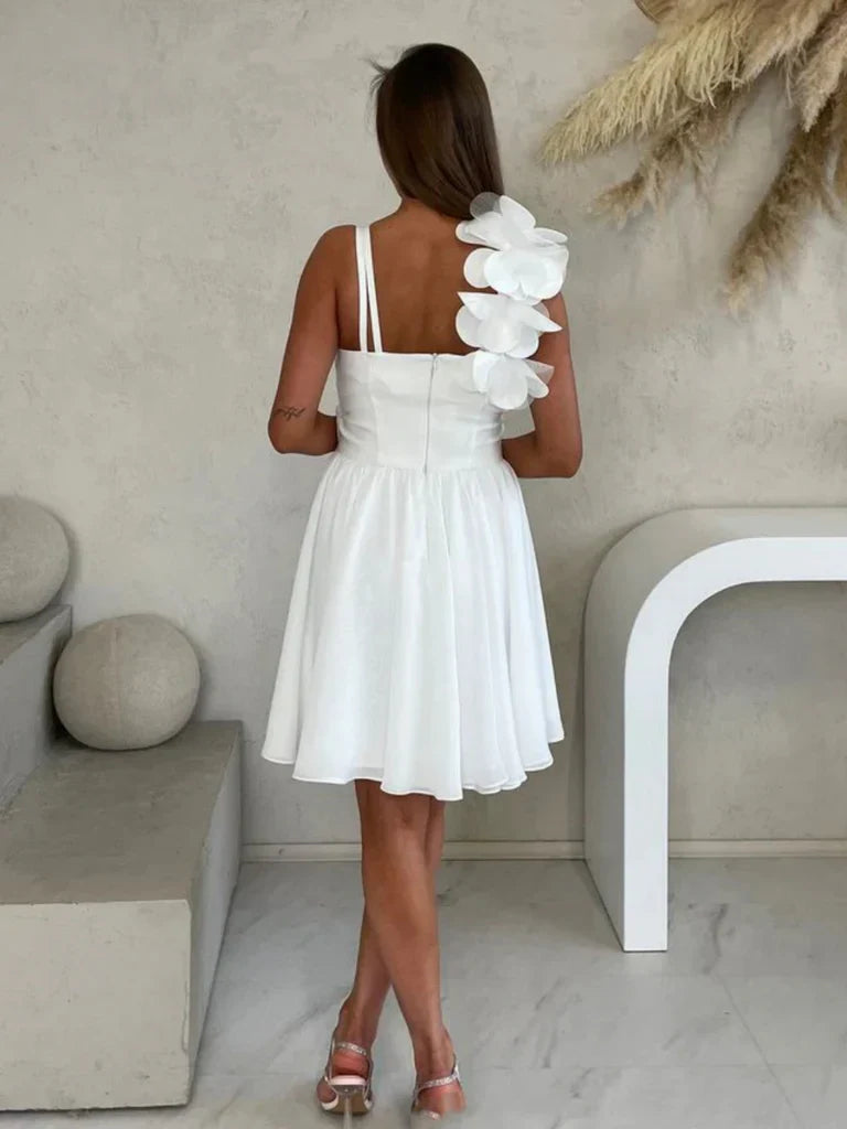 Simple Short One Shoulder 3D Flowers White Chiffon Prom Dresses Floral Evening Homecoming Dresses