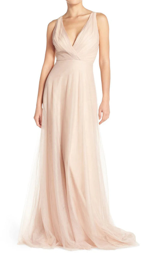 A Line V Neck Tulle Long Bridesmaid Dress