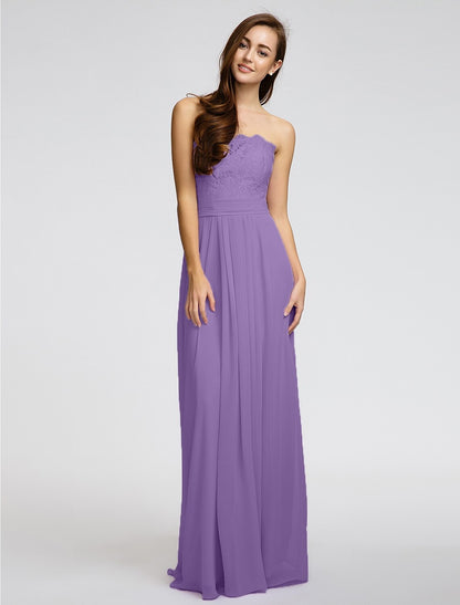 Product Sample Sheath / Column Strapless Floor Length Chiffon / Lace Bridesmaid Dress with Sash / Ribbon / Pleats