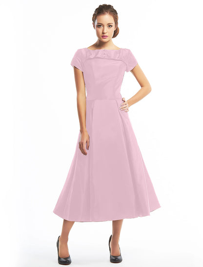 A-Line Vintage Dress Homecoming Tea Length Short Sleeve Boat Neck Taffeta with Buttons