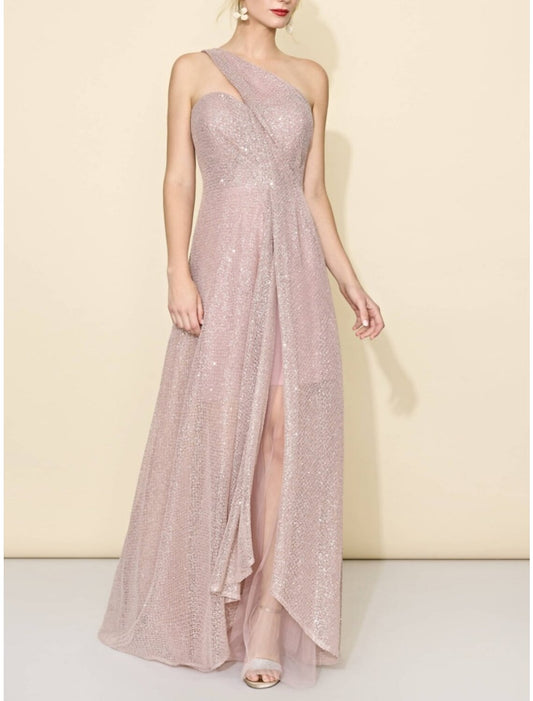 A-Line Bridesmaid Dress One Shoulder Sleeveless Elegant Sweep / Brush Train Sequined with Split Front / Ruching