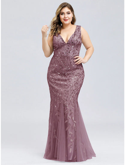 Mermaid / Trumpet Sparkle Sexy Prom Formal Evening Dress V Neck V Back Sleeveless Floor Length Tulle with Sequin Appliques