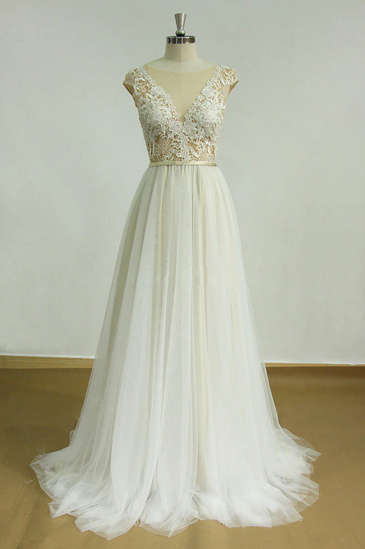Aline round neck lace long prom dress