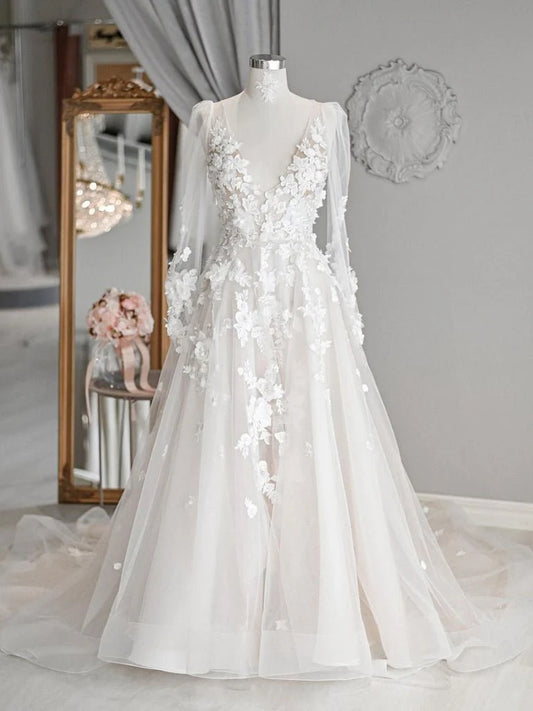 A Line Beach Wedding Dresses See Through Long Sleeve Lace Appliqued