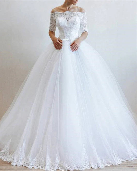 Ball Gown Wedding Dresses Boat Neck Tulle With Applique And Beads Long Sleeves
