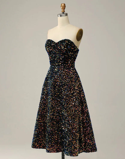 A-Line Tea Length Strapless Glitter Sequin Party Dress