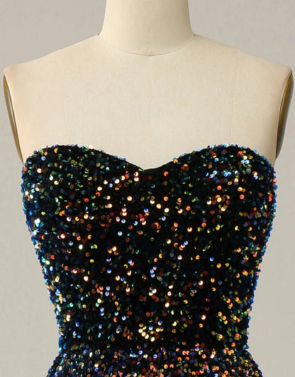 A-Line Tea Length Strapless Glitter Sequin Party Dress