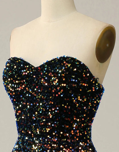 A-Line Tea Length Strapless Glitter Sequin Party Dress