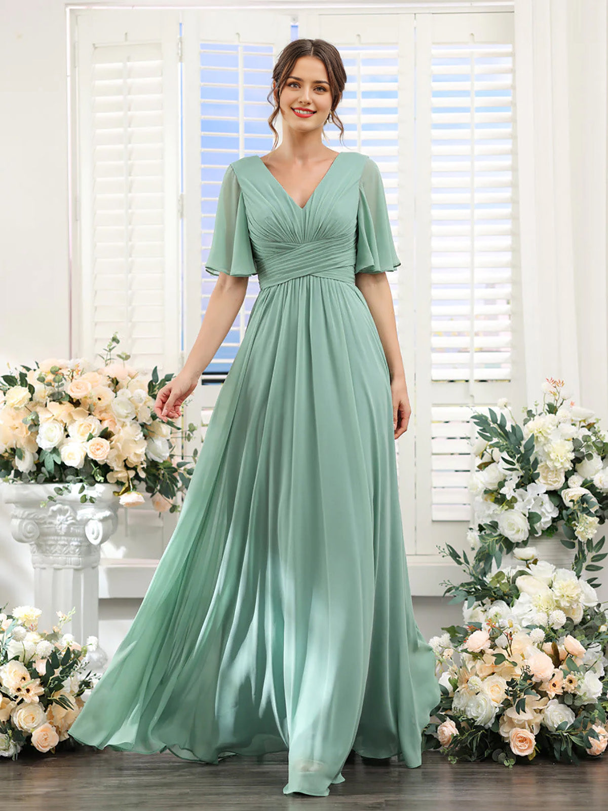 A-Line V Neck Sleeve Long Chiffon Formal Party Dresses for Wedding Guest Bridesmaid Dress