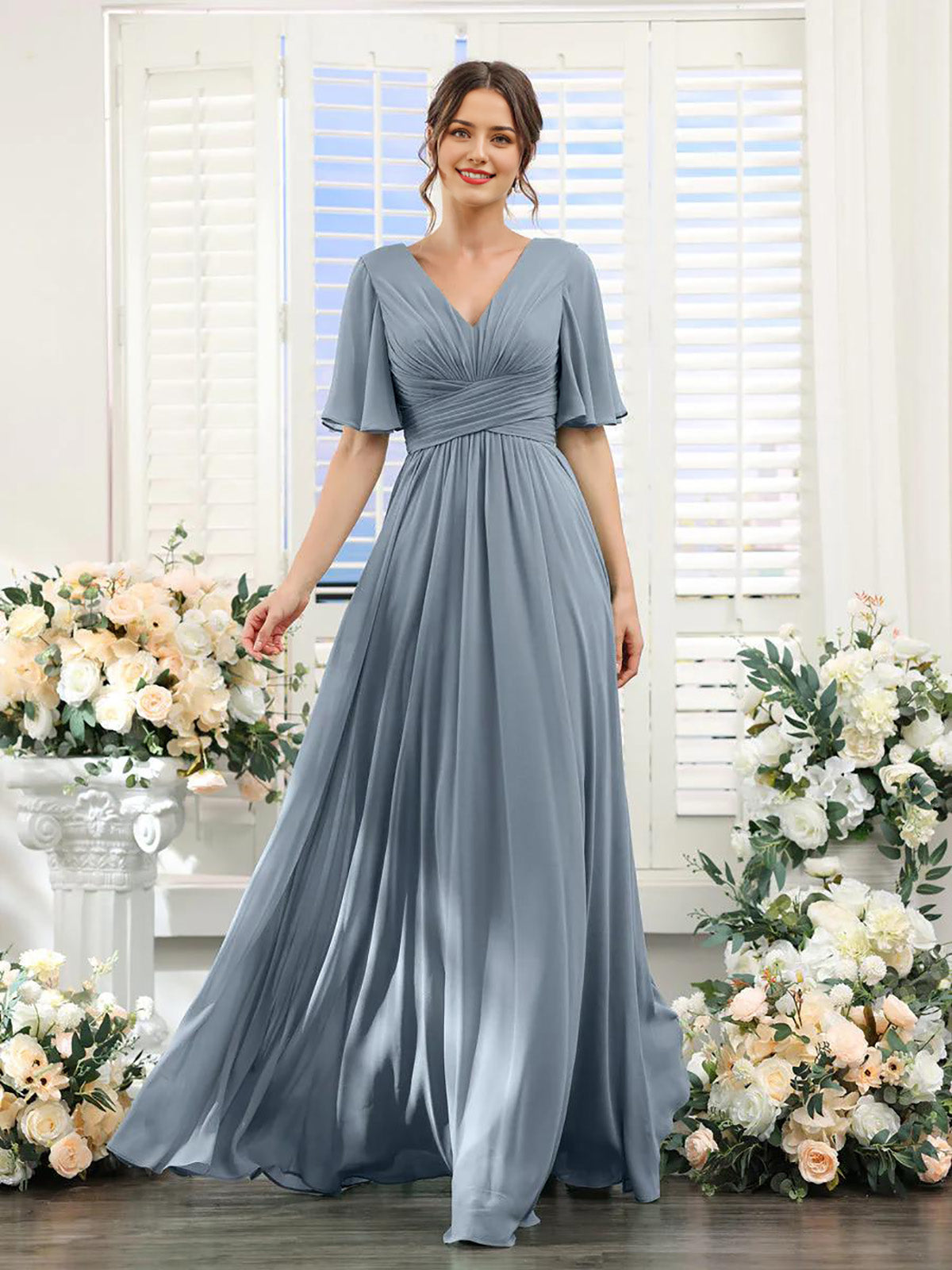 A-Line V Neck Sleeve Bridesmaid Dress for Wedding Guest Long Chiffon Party Dresses with Slit