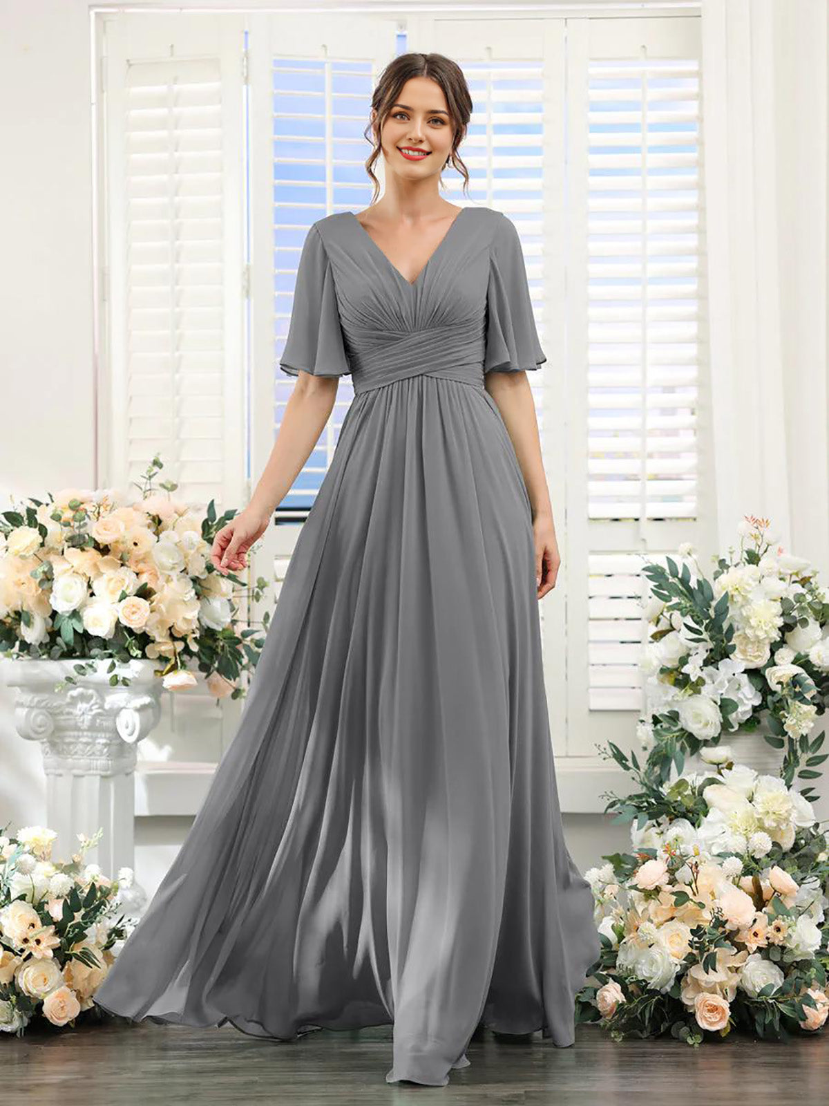 A-Line V Neck Sleeve Long Chiffon Formal Party Dresses for Wedding Guest Bridesmaid Dress