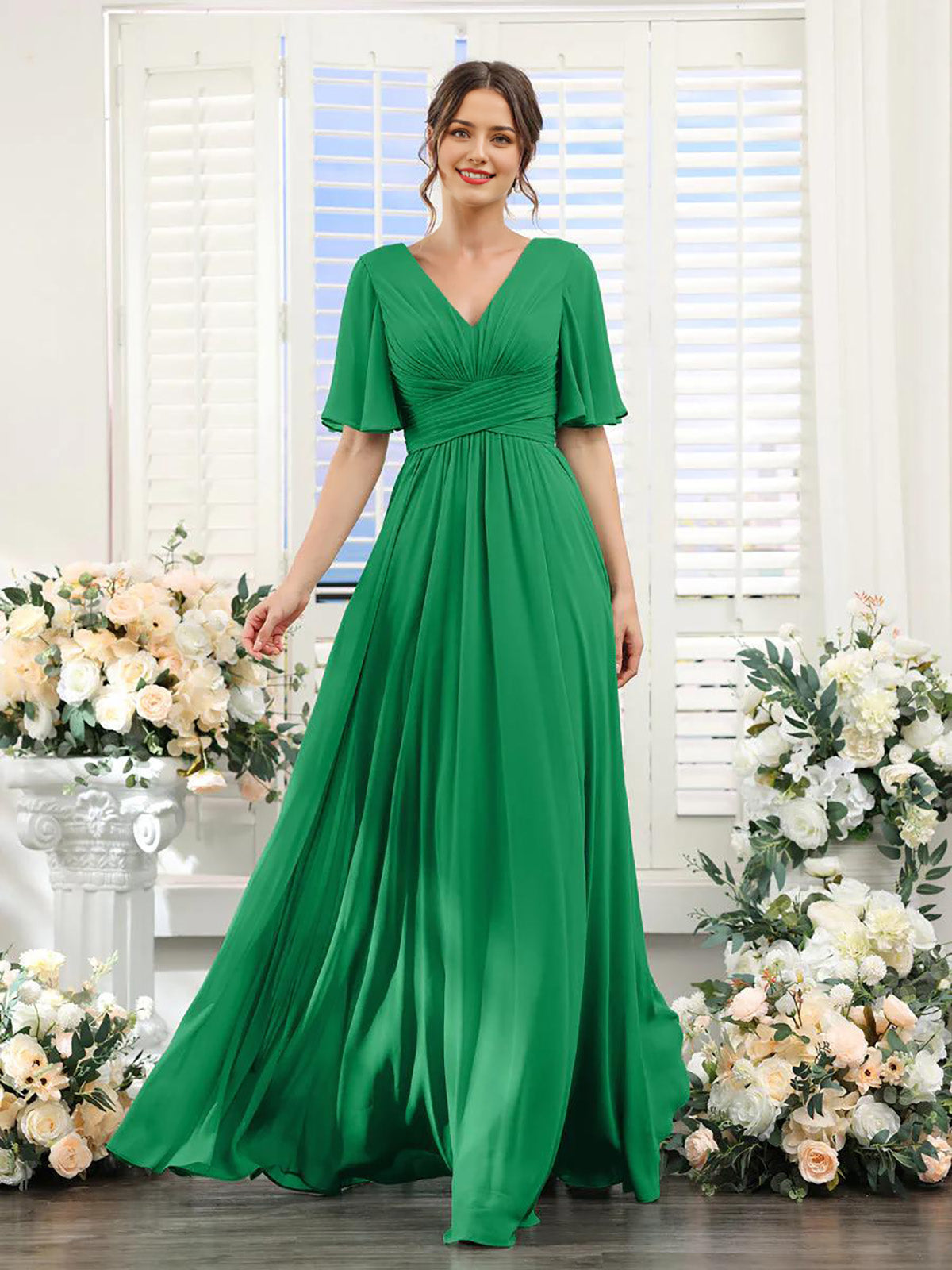 A-Line V Neck Sleeve Bridesmaid Dress for Wedding Guest Long Chiffon Party Dresses with Slit