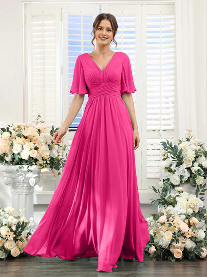 A-Line V Neck Sleeve Long Chiffon Formal Party Dresses for Wedding Guest Bridesmaid Dress