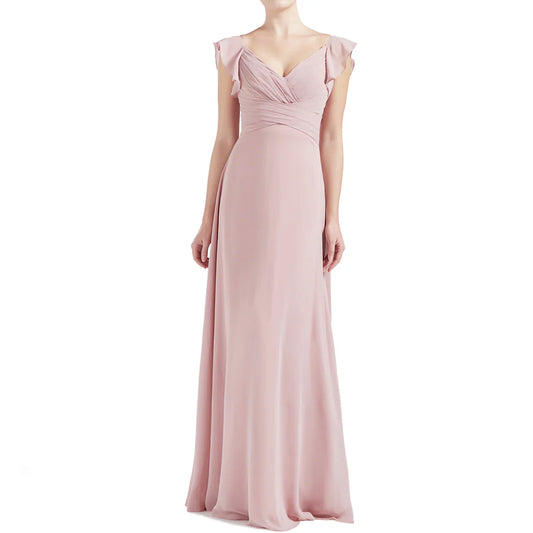 V Neck Ruffle Cap Sleeve Long Bridesmaid Dresses