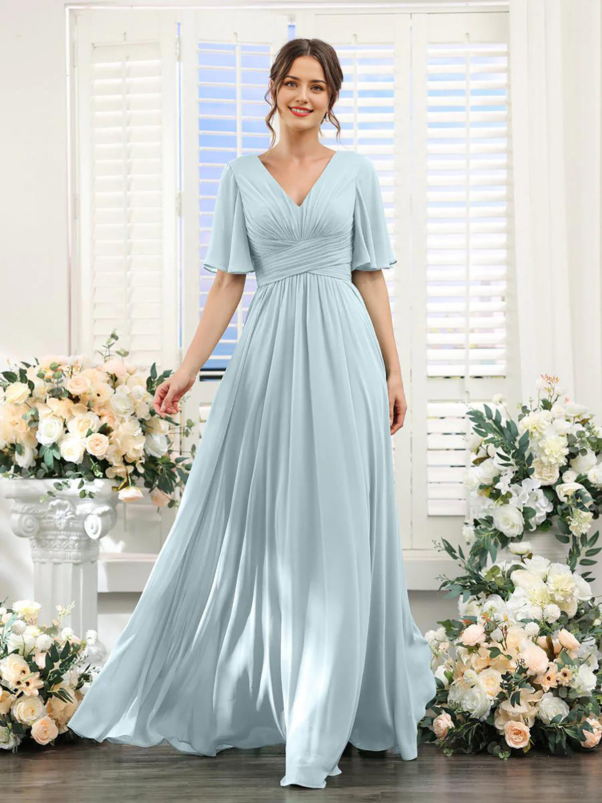 A-Line V Neck Sleeve Long Chiffon Formal Party Dresses for Wedding Guest Bridesmaid Dress