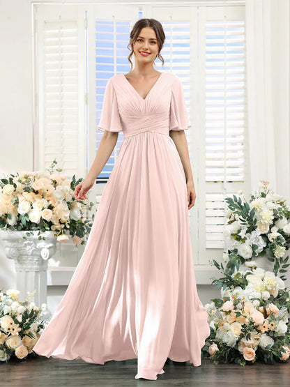 A-Line V Neck Sleeve Long Chiffon Formal Party Dresses for Wedding Guest Bridesmaid Dress