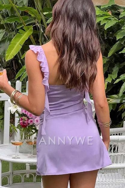 FannyWe Simple Lilac Ruffles Straps V-Neck Sleeveless Satin Short Homecoming Dress formal wear dresses