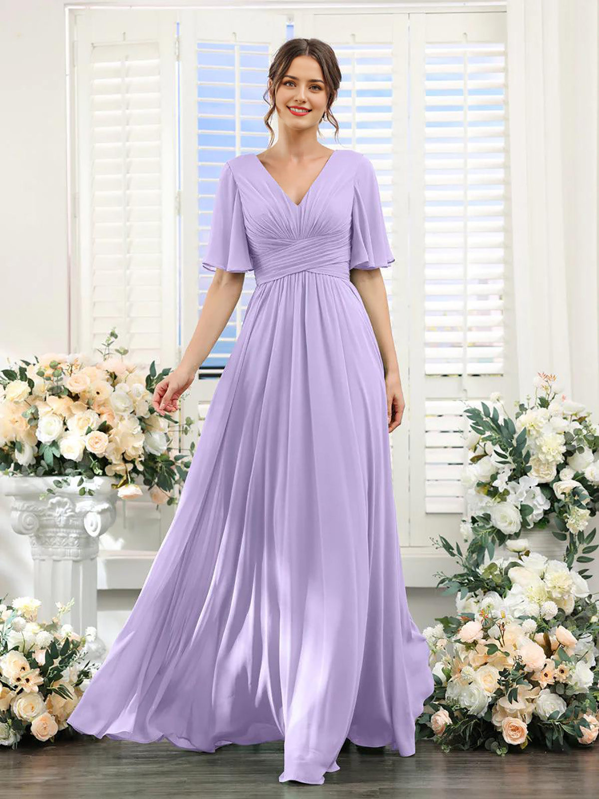 A-Line V Neck Sleeve Long Chiffon Formal Party Dresses for Wedding Guest Bridesmaid Dress