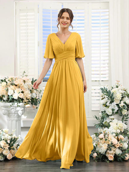 A-Line V Neck Sleeve Long Chiffon Formal Party Dresses for Wedding Guest Bridesmaid Dress