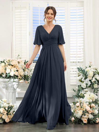 A-Line V Neck Sleeve Long Chiffon Formal Party Dresses for Wedding Guest Bridesmaid Dress