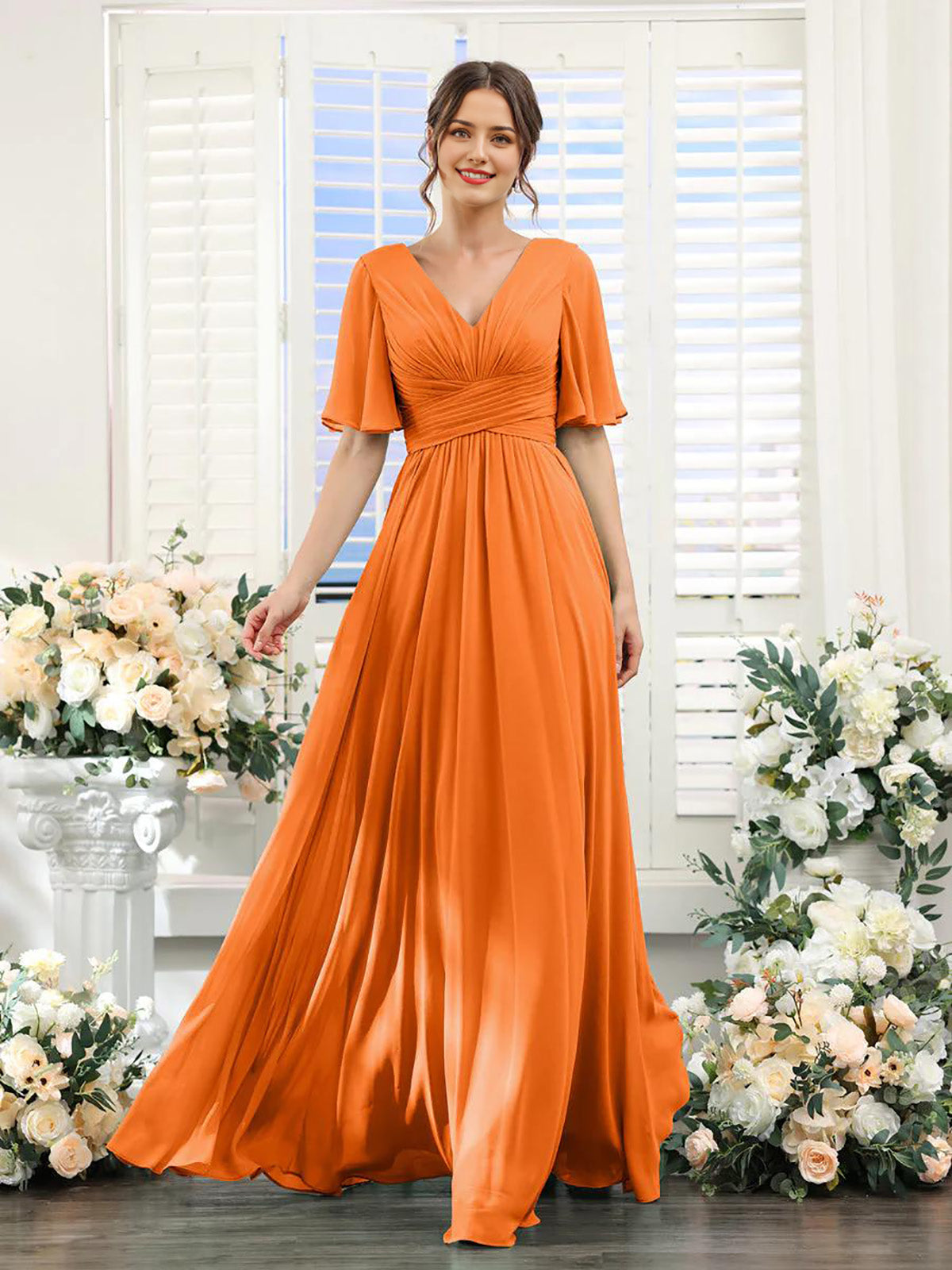 A-Line V Neck Sleeve Long Chiffon Formal Party Dresses for Wedding Guest Bridesmaid Dress