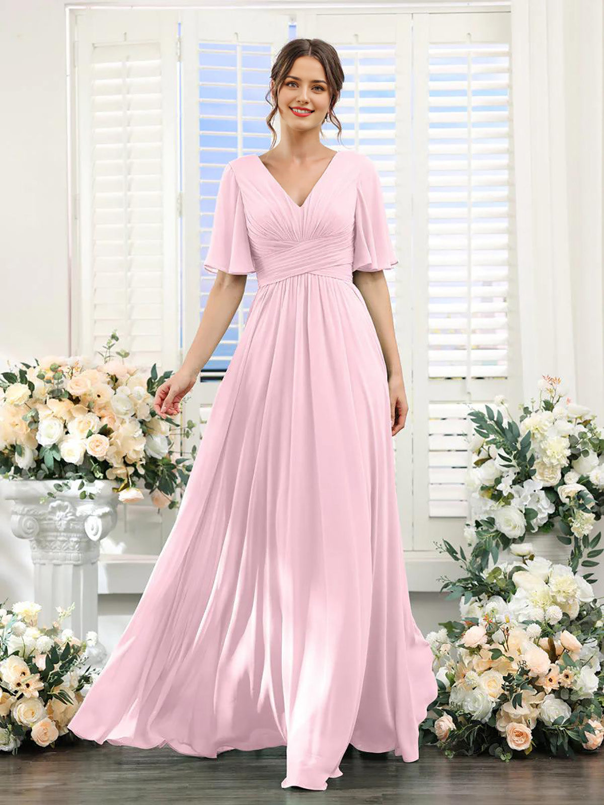 A-Line V Neck Sleeve Long Chiffon Formal Party Dresses for Wedding Guest Bridesmaid Dress