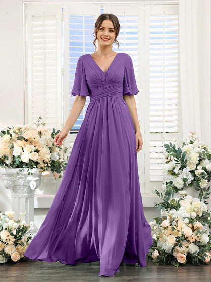 A-Line V Neck Sleeve Long Chiffon Formal Party Dresses for Wedding Guest Bridesmaid Dress