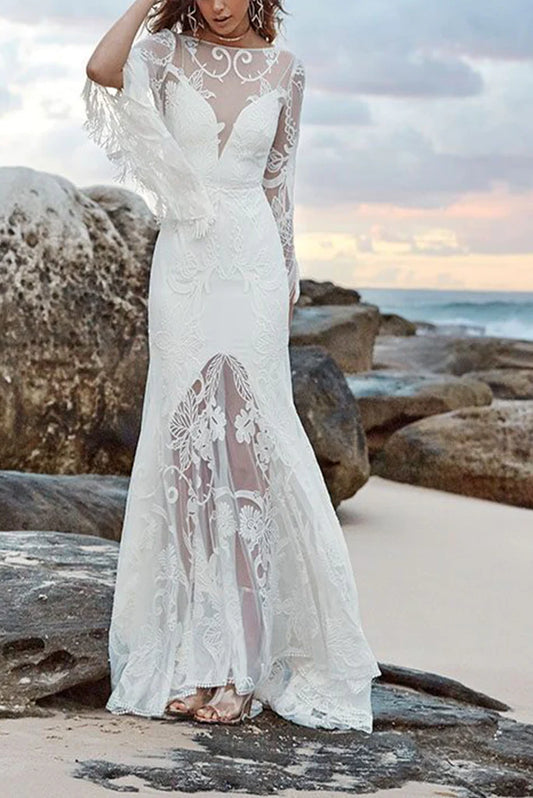 Mermaid/Trumpet Long Sleeve Beach Wedding Dresses Neck With Applique Sweep Train